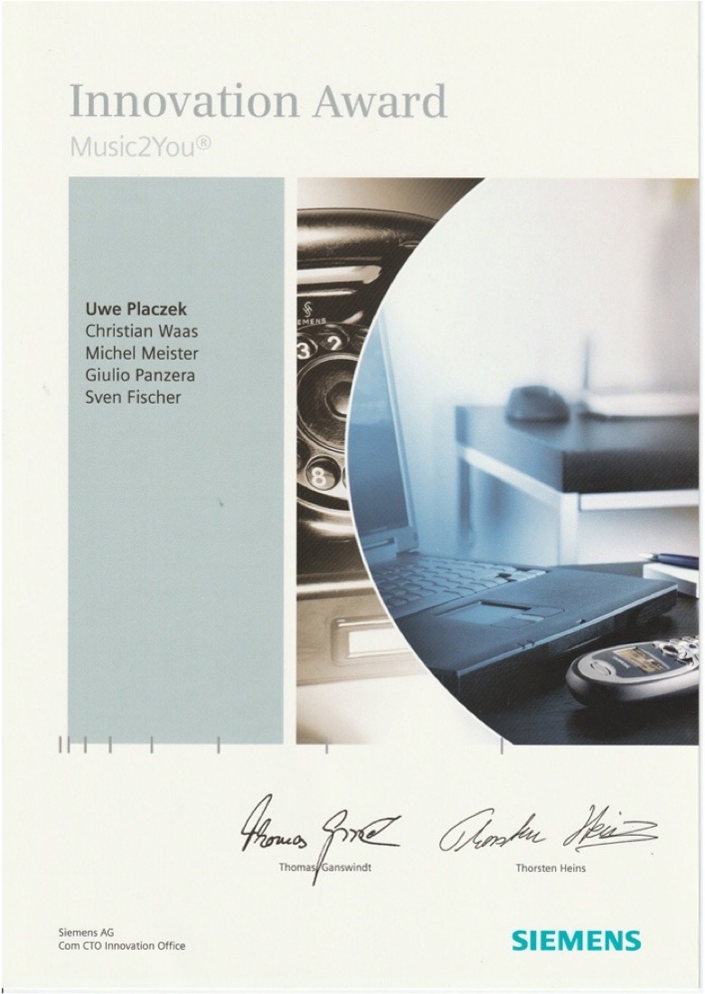 Siemens Innovation Award for Music2You naming Uwe Placzek